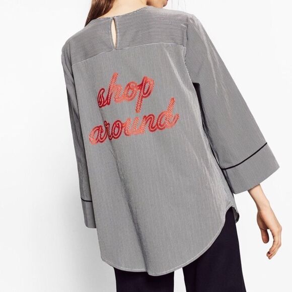 Gray Pinstriped Graphic Red Backside 3/4” Sleeve U Hemline by Zara - Picture 2 of 5